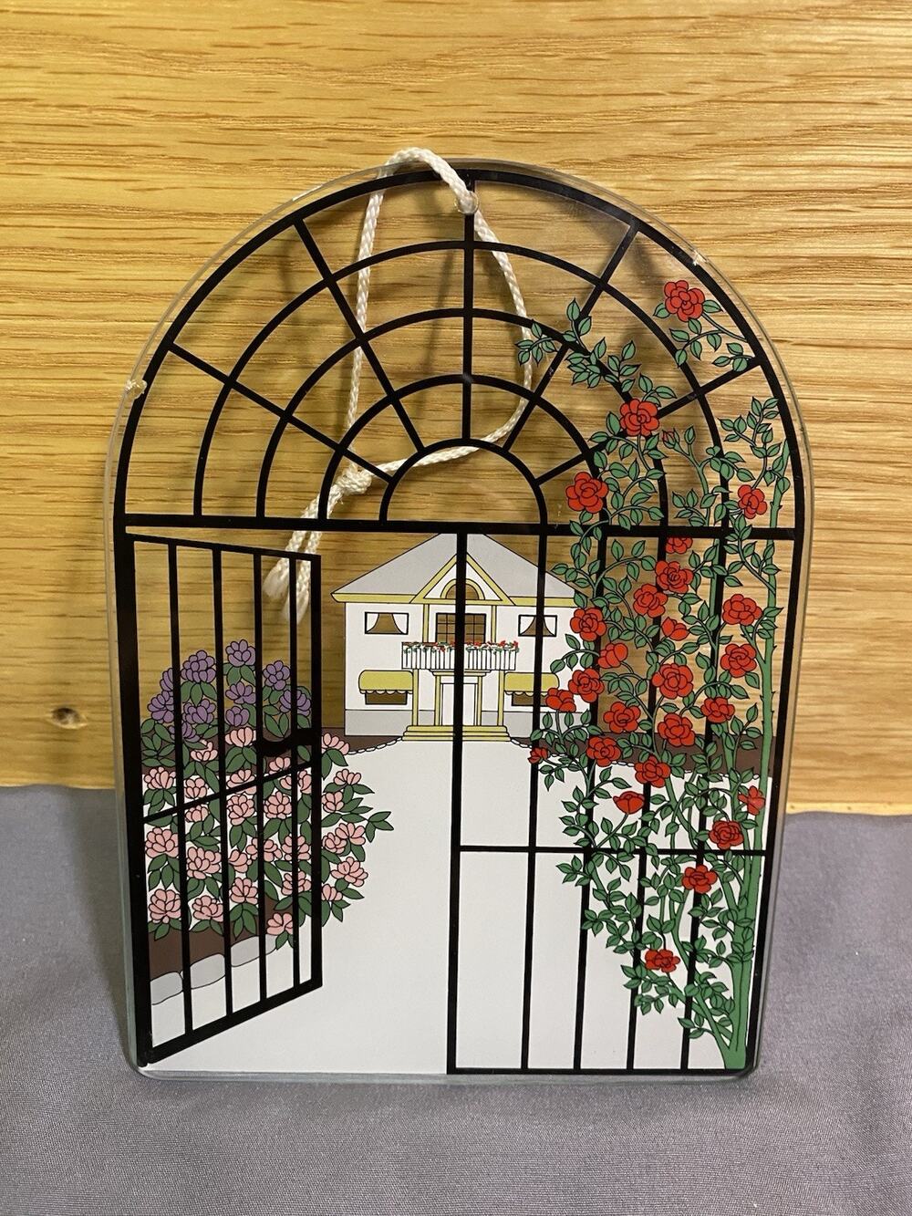 Vtg Painted Glass Window Arch garden Trellis Red Roses Window Hanging Flowers